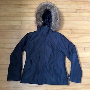 TNA Aritzia Black Winter Parka Jacket Faux Fur Hood Fleece Lined Womens Large